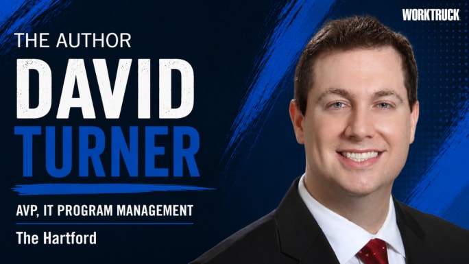 Graphic featuring a professional headshot of David Turner, AVP of IT Program Management at The Hartford, wearing a dark suit, white shirt, and red tie. The design includes a dark blue textured background with bold white and blue text displaying his name, title, and company.