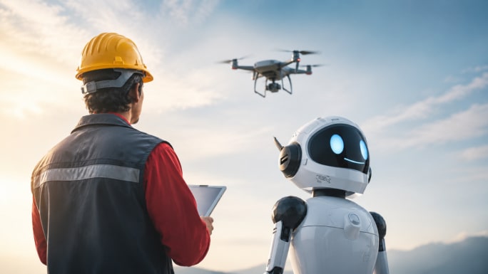 A worker in a yellow hard hat holds a tablet beside a humanoid robot while they watch a drone flying overhead.