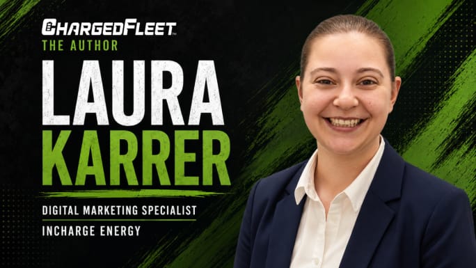 Laura Karrer, digital marketing specialist at InCharge Energy, smiles in a navy blazer beside her name on a black-and-green author graphic.