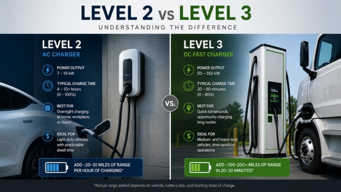 Side-by-side infographic comparing a Level 2 AC charger for a light-duty EV with a Level 3 DC fast charger serving a medium- or heavy-duty truck.