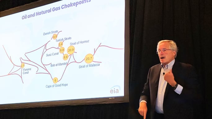 Speaker presents an Energy Information Administration slide on global oil and natural gas chokepoints, explaining major shipping routes and strategic passages including the Strait of Hormuz, Suez Canal, and Strait of Malacca.