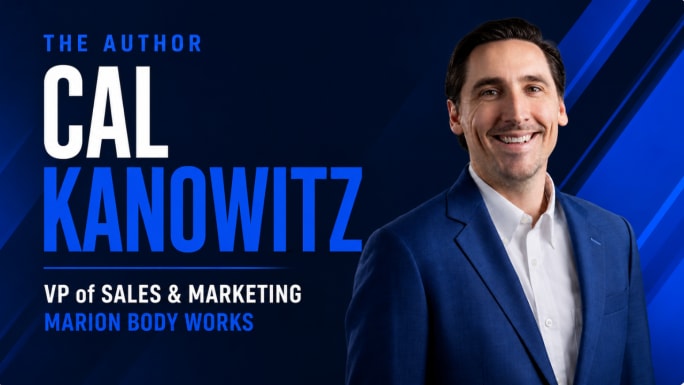 Cal Kanowitz, VP of Sales & Marketing at Marion Body Works, smiles in a blue suit beside his name and title on a dark blue graphic background.