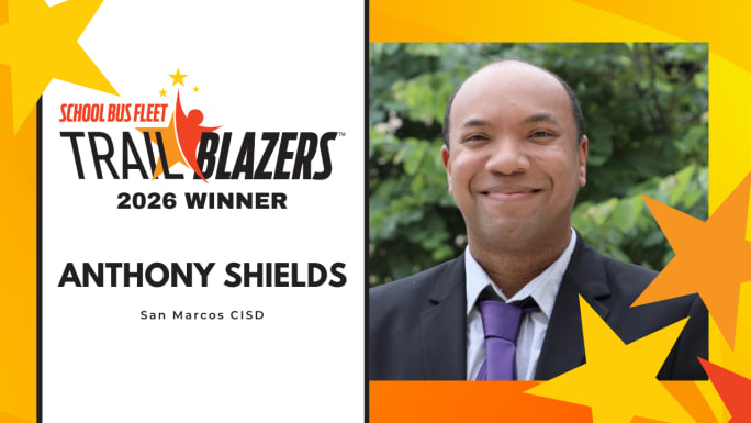 Anthony Shields of San Marcos CISD named a 2026 School Bus Fleet Trailblazers winner, shown in a headshot alongside the Trailblazers award graphic.