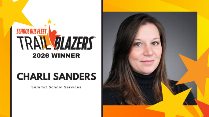 Charli Sanders of Summit School Services recognized as a 2026 School Bus Fleet Trailblazers winner, pictured in a headshot with the Trailblazers award graphic.
