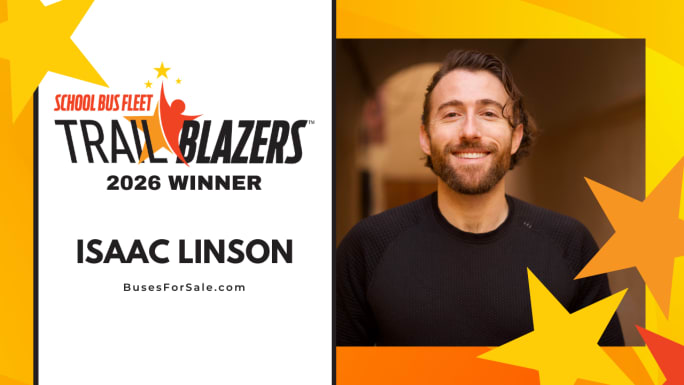 Isaac Linson of BusesForSale.com recognized as a 2026 School Bus Fleet Trailblazers winner, shown in a headshot alongside the Trailblazers award graphic.