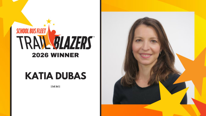 Katia Dubas of IMMI recognized as a 2026 School Bus Fleet Trailblazers winner, shown in a headshot alongside the Trailblazers award graphic.