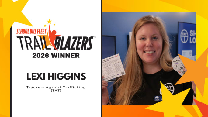 Lexi Higgins of Truckers Against Trafficking recognized as a 2026 School Bus Fleet Trailblazers winner, pictured in a headshot with the Trailblazers award graphic.