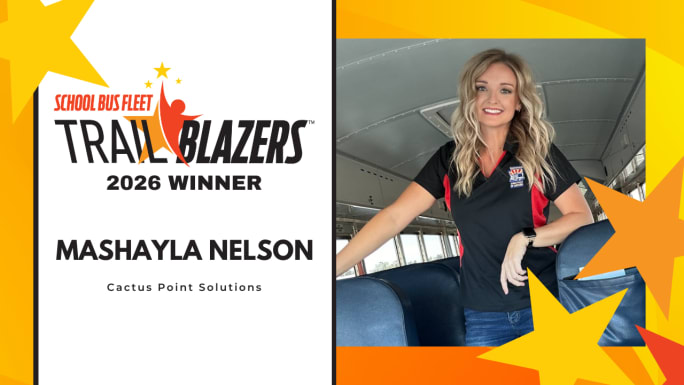 Mashayla Kleinman of Cactus Point Solutions recognized as a 2026 School Bus Fleet Trailblazers winner, shown standing inside a school bus with the Trailblazers award graphic.