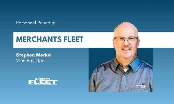 A blue and white graphic about Stephen Merkel being promoted to VP of Merchants Fleet.