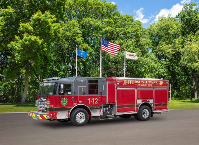 A red Type 1 pumper truck manufactured by Pierce for Jefferson Township in Blacklick, Ohio, is shown.