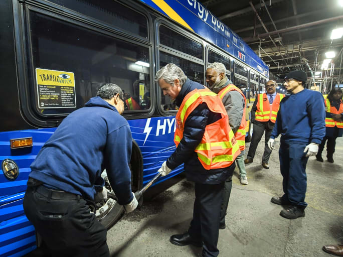 MTA New York City Transit President Demetrius Crichlow and MTA New York City Transit Executive Vice President of Buses Frank Farrell were joined by Manhattan Borough President Brad Hoylman-Sigal at the Kingsbridge Depot on Wednesday, Mar 18, 2026 where they greeted employees in the Maintenance side in recognition of National Transit Employee Appreciation Day.