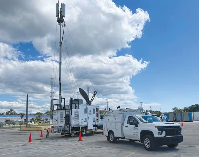 Portable cell tower deployed in a disaster area to restore emergency communication services