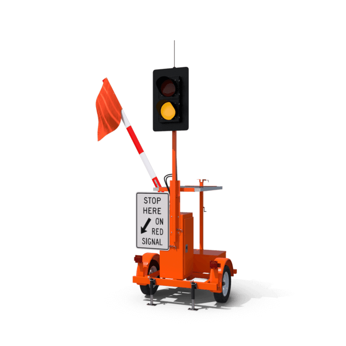 A orange traffic light stand with signals
