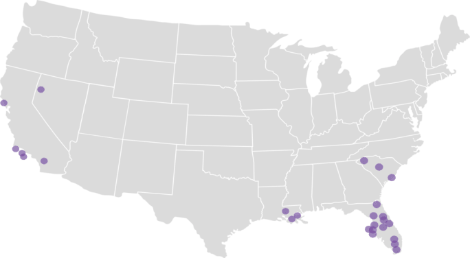 Map of the U.S. showing the top 25 most disaster-prone counties based on FEMA declarations from 2013 to 2023.
