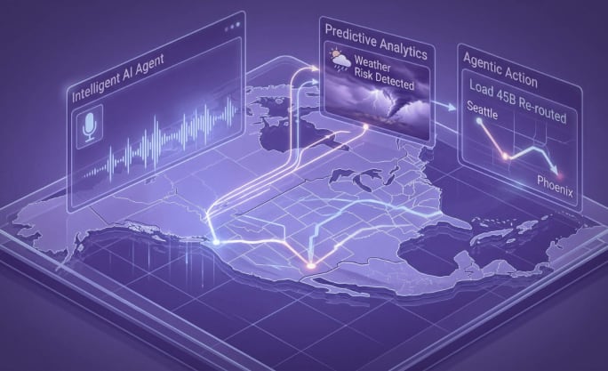 A map of U.S. in a cyber-diagram showing upright panels of data and white connectivity arcs flashing around a purple room.