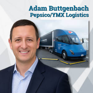 Man in suit jacket with PepsiCo and Tesla electric truck in background