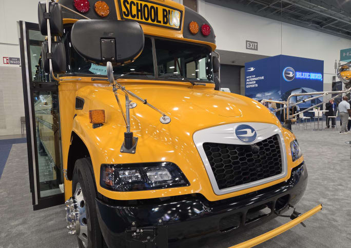 Blue Bird bus closeup at ACT Expo