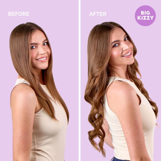 Before image brunette model smiling and after image brunette model with Big Kizzy extensions smiling 