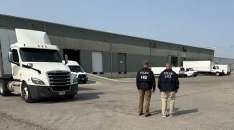 Two men in jackets with Homeland Security indicated on the back, standing in a parking lot looking toward a building with trucks in front of it
