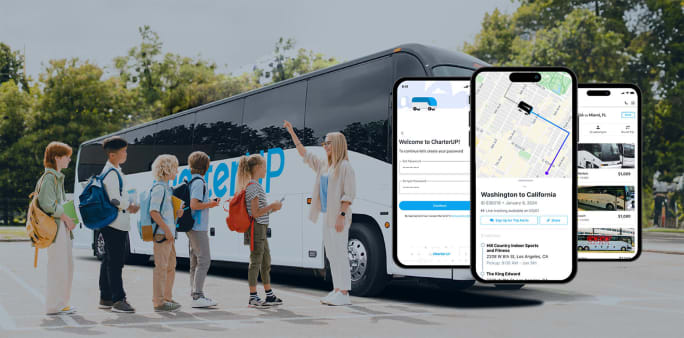 Students and a teacher stand beside a CharterUP bus, with mobile app screens showing trip booking, vehicle tracking, and transportation management features.