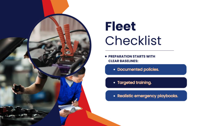 Graphic titled “Fleet Checklist” with a close-up of a vehicle battery being jump-started and a technician working under an open hood.