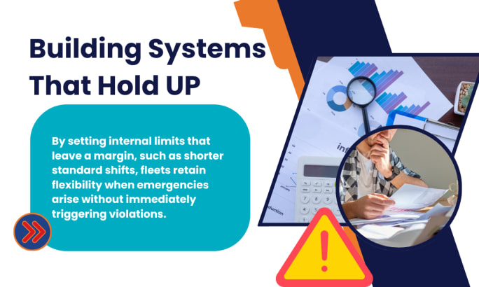 Graphic titled “Building Systems That Hold Up” with charts, paperwork, a calculator, and a warning icon beside text about maintaining flexibility during emergencies.