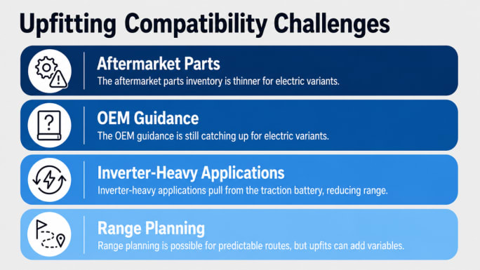 Blue infographic titled “Upfitting Compatibility Challenges” highlights aftermarket parts availability, evolving OEM guidance, inverter-heavy applications, and range planning for electric work vehicles.