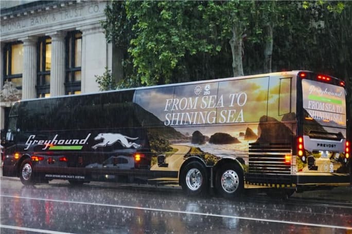 An America 250 Greyhound vehicle.