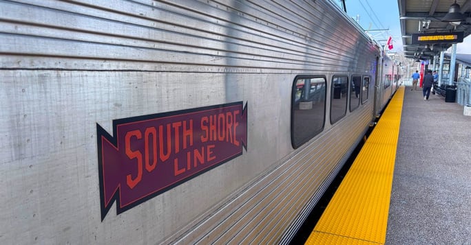 An up-close look at a South Shore Line railcar vehicle.