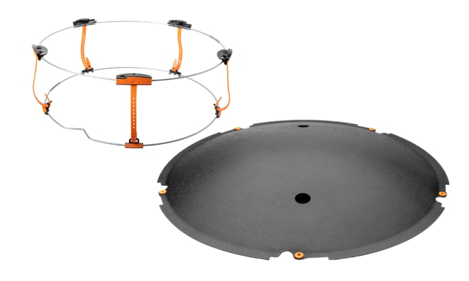 Composite showing the Deflecktor Hubbub wheel cover and the installation hardware