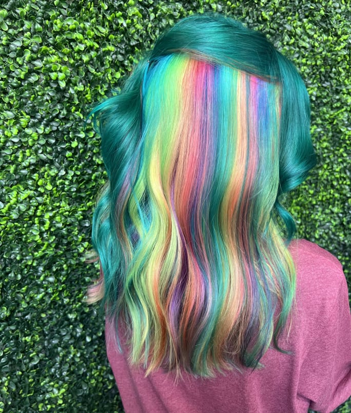 brightly colored rainbow hair