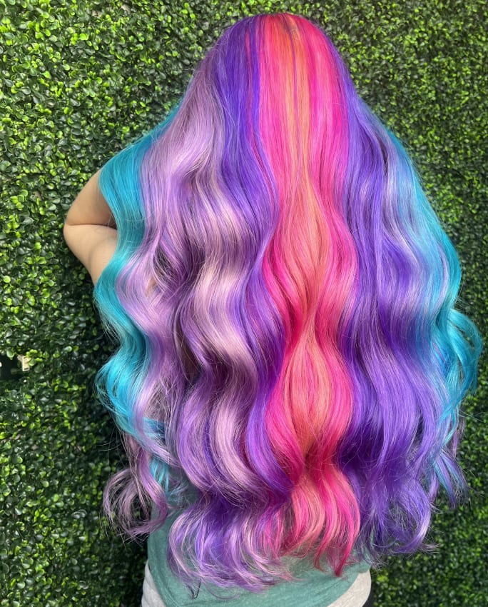brightly colored hair with pink, purple and blue