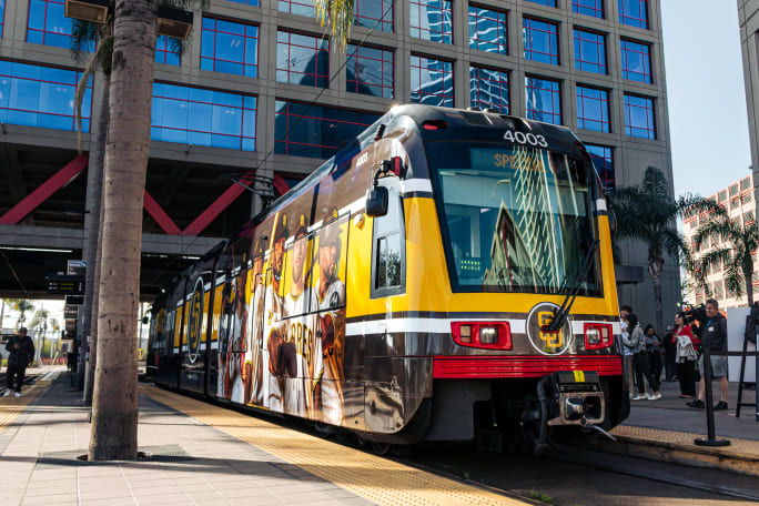 A wrapped rail car for a Padres Home Opener.