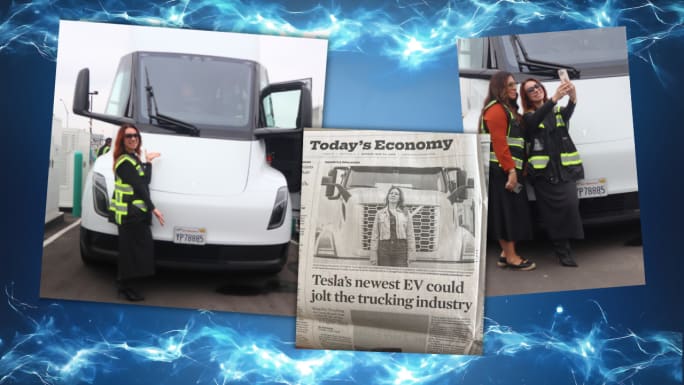 Collage of images of Jennie Abarca with Tesla Semi and on front page of newspaper section