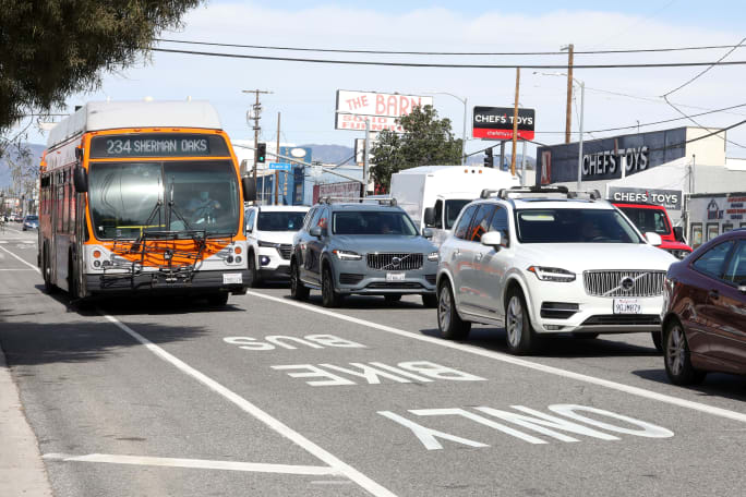 An LA Metro bus on a congested Los Angeles corridor.