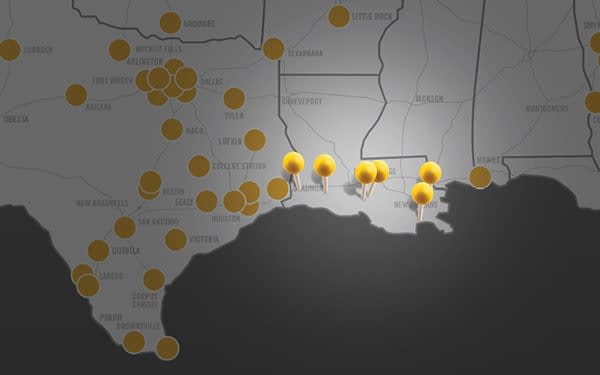 U.S. map of Rush Truck Center locations highlighting the new Louisiana acquisitions