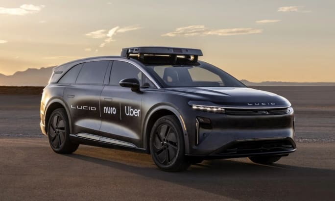 Close up photo of a Lucid Gravity Uber robotaxi.