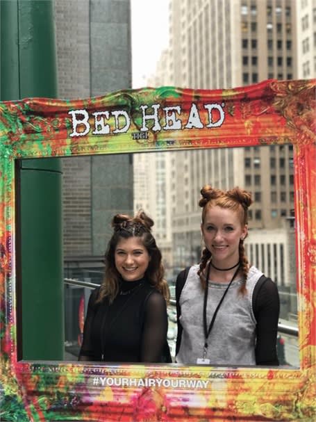 MODERN's Jamie Newman and Lauren Quick rocking space buns styled by TIGI U.S. Session Director Adriana Papaleo.