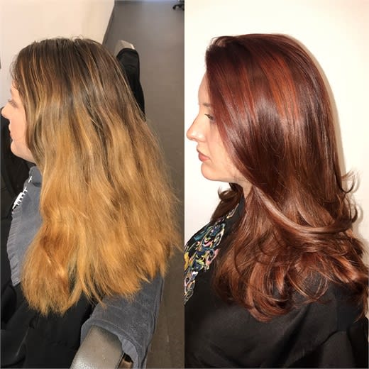 Minardi takes a grown-out, over-processed ombre to a beautiful copper balayage.