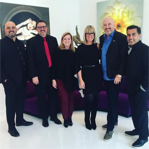 On site at the March cover shoot with Matthew Khodayari, o-owners of Aria Salon; Brian Perdue, owner of Salon 124; Stacey Soble; Candy Shaw, owner of Jamison Shaw Hairdressers, Jeff South, co-owner of Intrigue Salon and Joseph Golshani, owner of Joseph & Friends Salon and Spa.