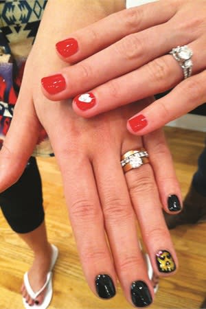 Nail fashionista Nikki whipped this design together. The client wanted subtle nail art. We charge $5 per nail, plus the cost of the manicure.
