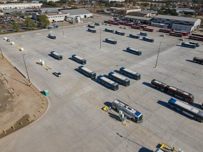 An overhead shot of CapMetro's bus yard in Austin, Texas