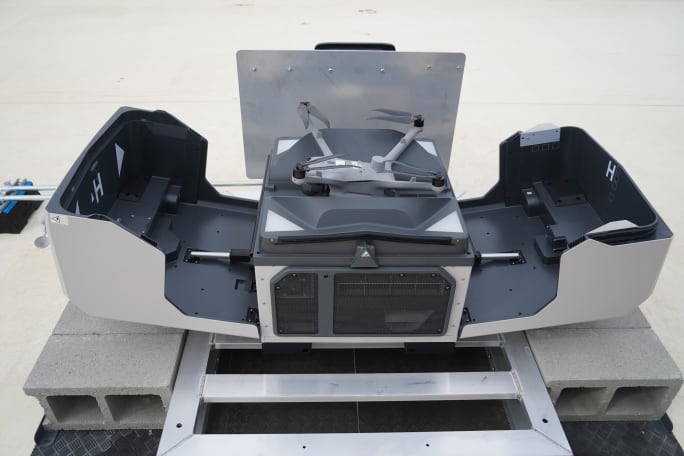 Drone sits in an automated rooftop launch station used by Mooresville Police for rapid emergency response and aerial situational awareness.