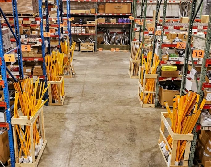 photo of bus parts in a warehouse