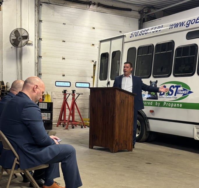 Brian Raygor, national autogas business manager at propane provider Ferrellgas, speaking at BeST Transit for its propane bus launch.