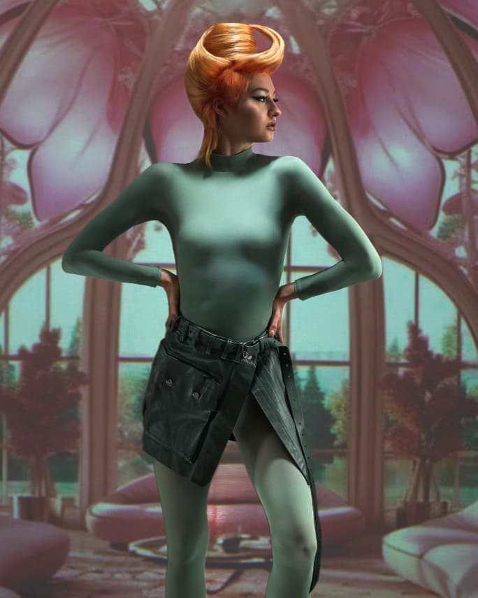 A model with a pink hairstyle set against a futuristic background