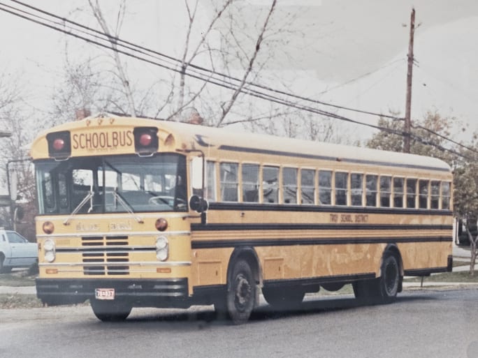 A 1980 Blue Bird school bus from Troy School District.