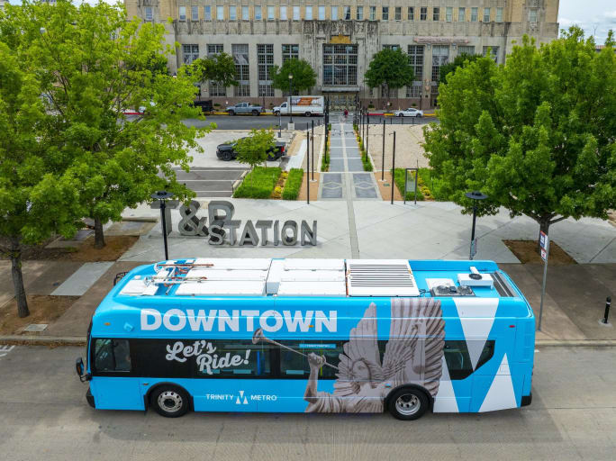 A Trinity Metro blue bus.