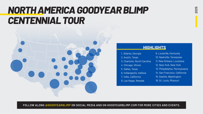 Map of US showing where the blimp will make appearances.