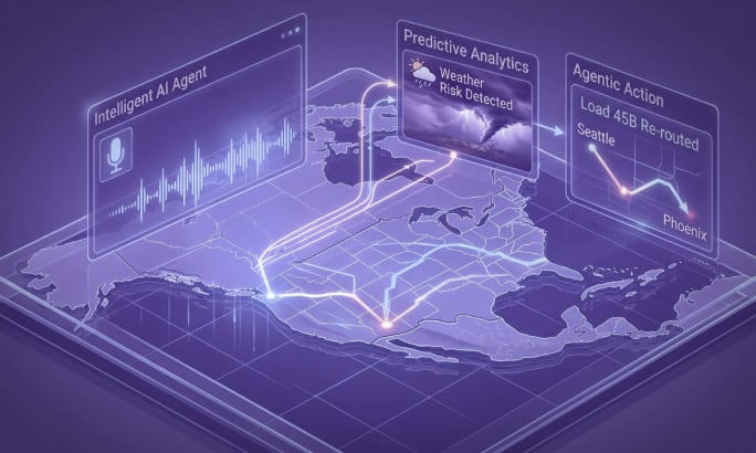 A map of U.S. in a cyber-diagram showing upright panels of data and white connectivity arcs flashing around a purple room.